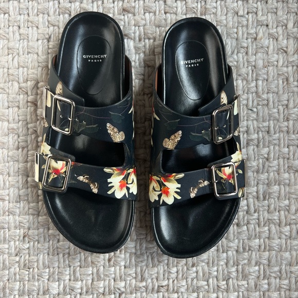 Givenchy Black Leather Floral Print Double Buckle Slides - Size 41 - Picture 2 of 6